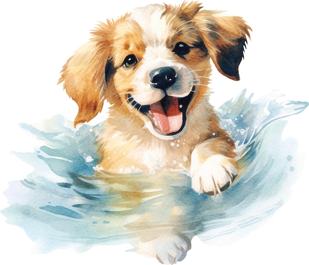 Cute playful puppy swimming watercolor isolated on white