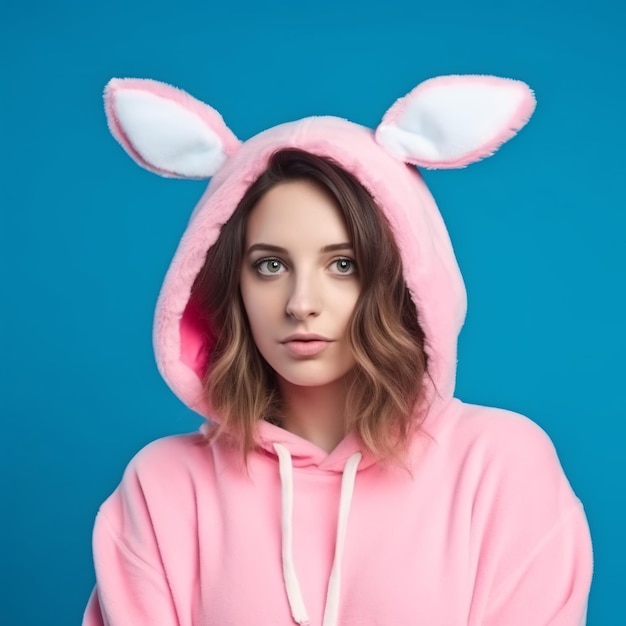 Cute pleasant girl in a kangaroo bunny rabbit costume on isolated background