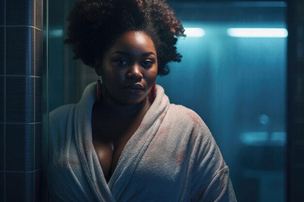 a cute plus size woman with bathrobe in small bathroom interior