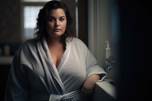 Photo a cute plus size woman with bathrobe in small bathroom interior