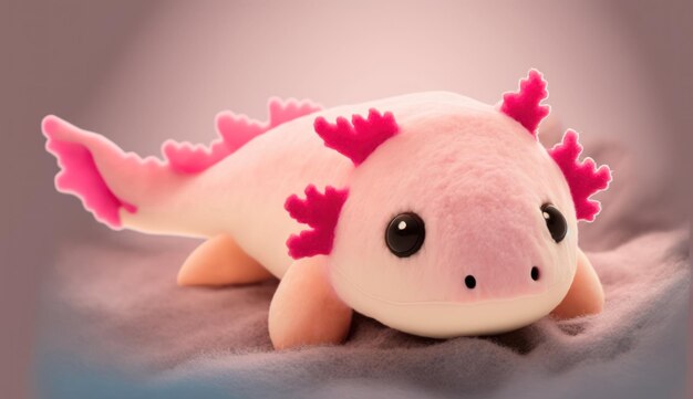 Cute plush toy axoloti sits soft warm lighting background blur