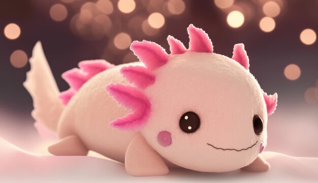 Cute plush toy axoloti sits soft warm lighting background blur