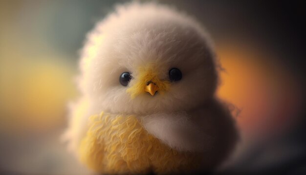 Cute plush toy bird sits soft warm lighting background blur