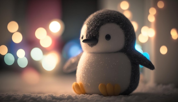 Cute plush toy penguin sits soft warm lighting background blur