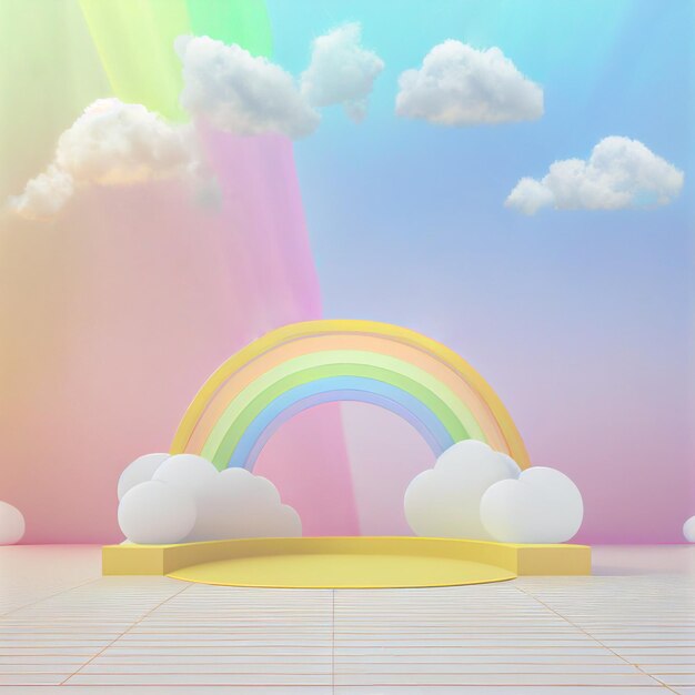 Cute podium for kids product presentation 3d illustration geometric display scene minimal show stage for choldren advert pastel color platform background with rainbow