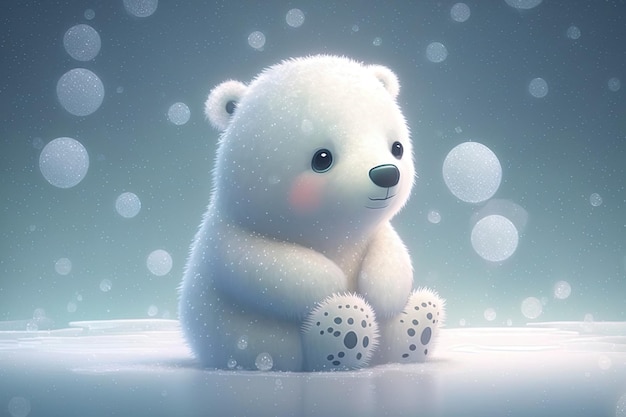 Cute polar bear baby cartoon dreamlike in snow winter Generative AI Animal and landscape concept