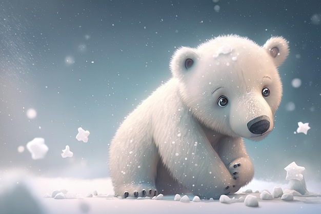 Cute polar bear baby cartoon dreamlike in snow winter Generative AI Animal and landscape concept