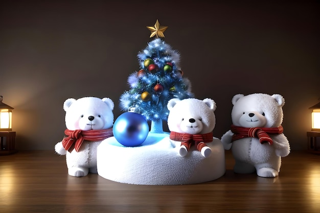 cute polar bear doll with christmas tree decoration ai generated