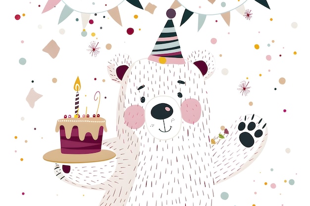 cute polar bear in party hat holding birthday cake on colorful dotted background