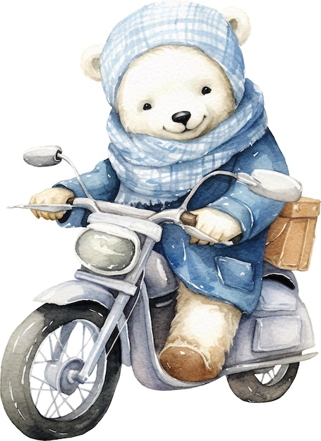 Cute polar bear in winter clothes on the bike watercolor isolated on white