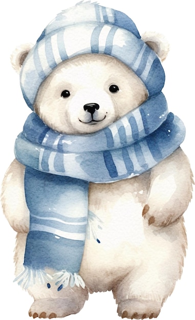 Cute polar bear in winter clothes watercolor isolated on white