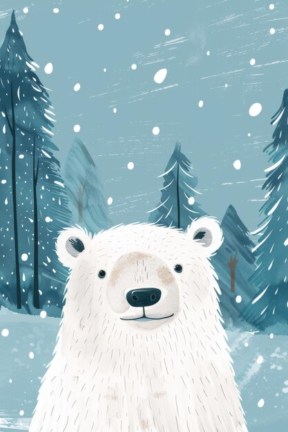 cute polar bear with winter background children illustration