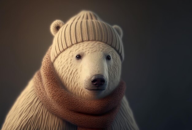 A cute polar bear wrapped up warm in a knitted hat and scarf for winter Generative ai