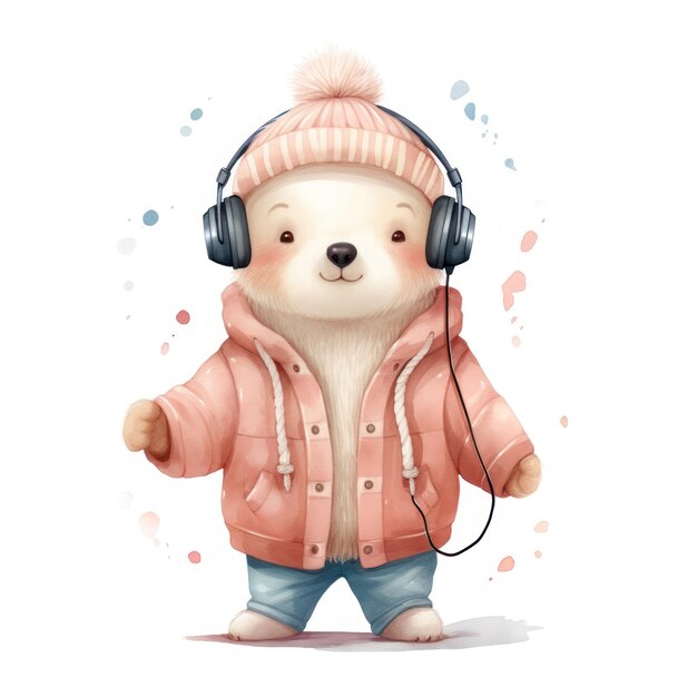 Cute Polar Teddy Bear in casual style with headphones Bear listening a music