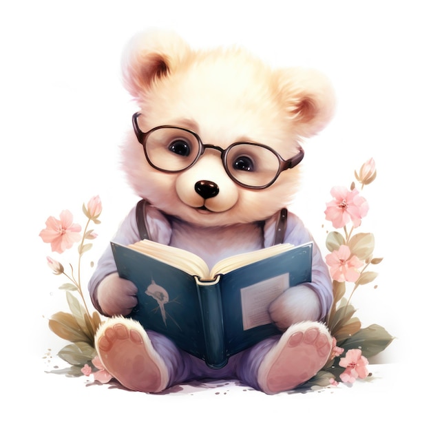 책 꽃 배경을 읽는 안경을 입은 귀여운 북극 테디 베어
