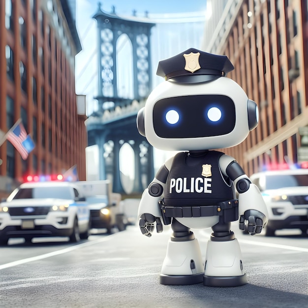 可愛いロボット警官が街の背景に立っている