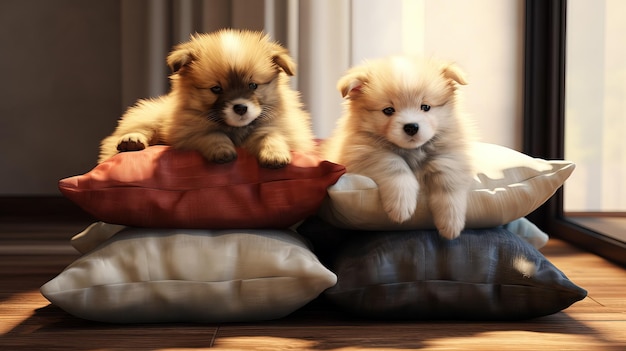 Фото Милые щенки-померанцы на подушке возле окна.