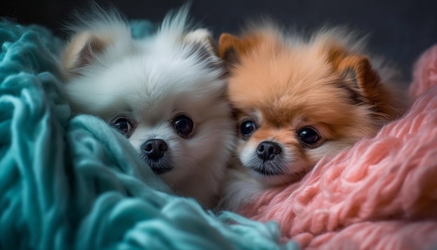 Cute Pomeranian puppy sitting for a playful studio portrait image generated by AI