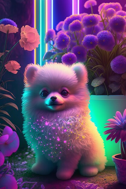 Cute pomerian puppy with flowers