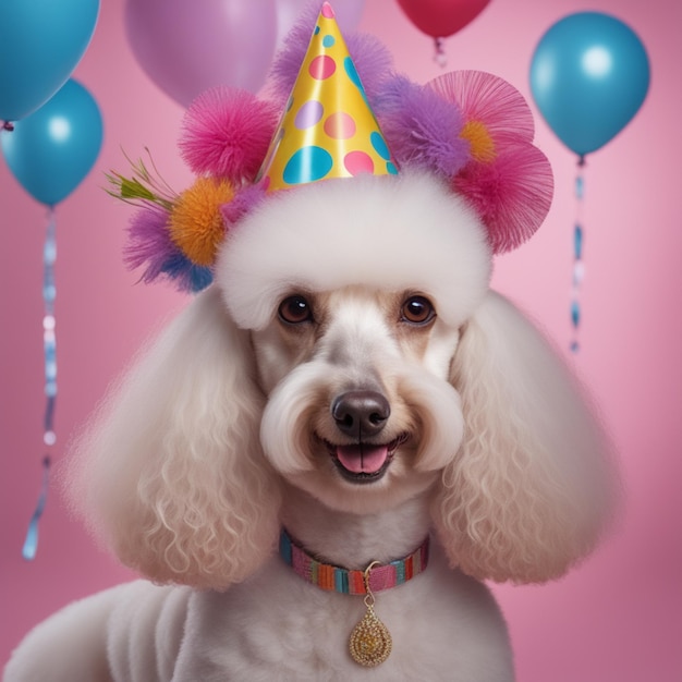 cute poodle dog in a birthday party hat with a colorful party background illustration