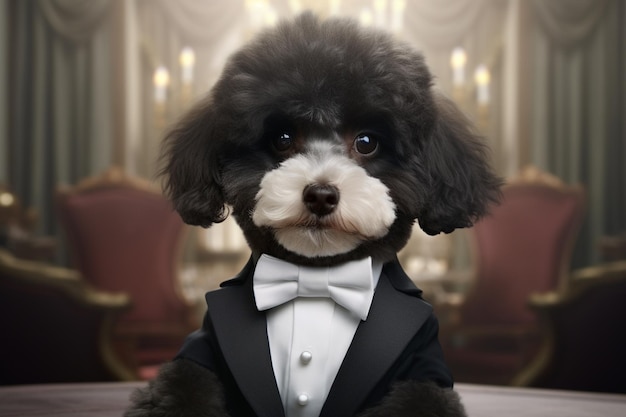 A cute Poodle puppy in a classic tuxedo looking re 00166 03