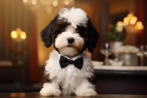 Foto un simpatico cucciolo di barboncino in uno smoking classico che sembra re 00168 00