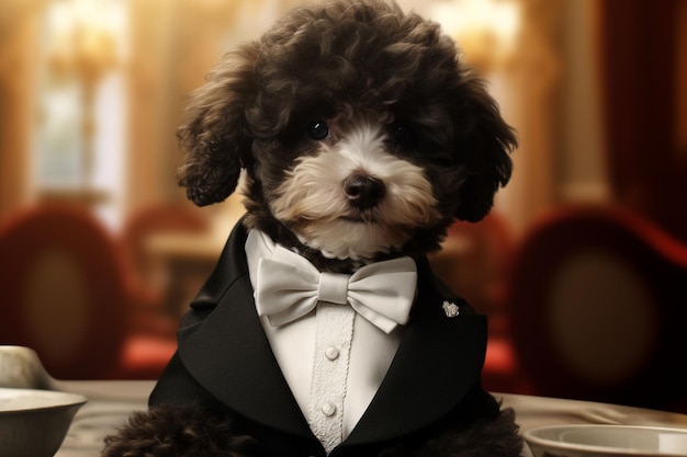 Photo a cute poodle puppy in a classic tuxedo looking re 00168 03