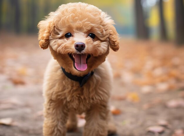 a cute poodle puppy standing wide with tongue out in front