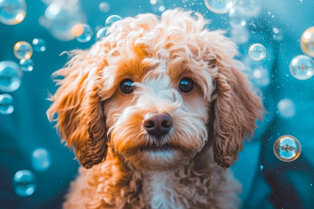 Foto dolce cucciolo di barboncino circondato da bolle di sapone, striscione, cartella postale, cartello, ia generativa