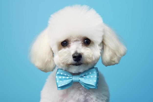 Cute Poodle with a Bow on a Blue Background Generative By Ai