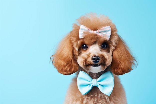 Cute Poodle with a Bow on a Blue Background Generative By Ai