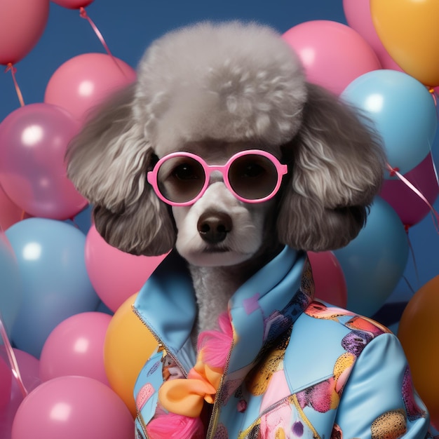 cute poodle with sunglasses and balloons