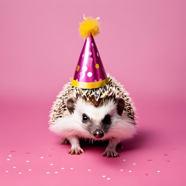 Photo cute porcupine with colorful balloons hat in birthday party isolated on pink background