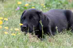 Photo cute portrait of an 8 week old black labrador puppy siiting in the grass