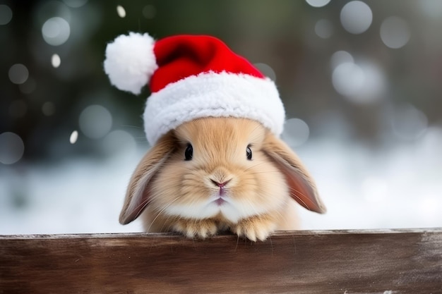 Cute portrait of an adorable festive christmas rabbit wearing a santa hat