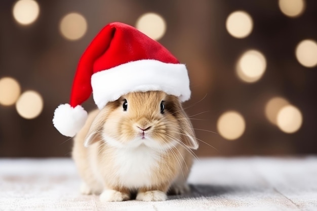 Cute portrait of an adorable festive christmas rabbit wearing a santa hat