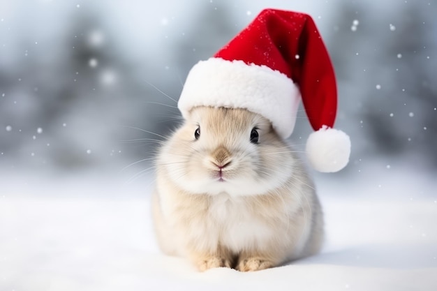 Cute portrait of an adorable festive christmas rabbit wearing a santa hat