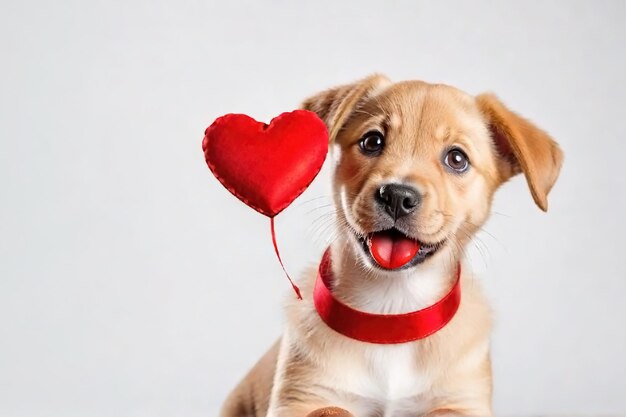 Cute portrait dog sitting and looking at camera with red heart in its mouth isolated on a white