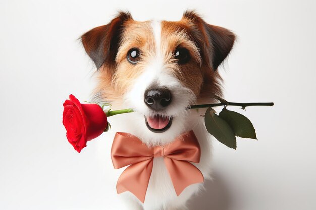 Cute portrait dog sitting and looking at camera with red rose in its mouth isolated on a white