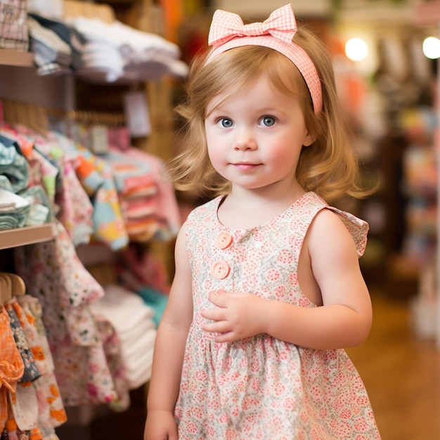 그녀의 금발 머리에 분홍색 새 드레스와 활을 가진 어린 소녀 유아의 귀여운 초상화