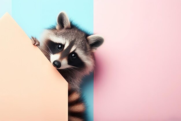 Photo cute portrait of a raccoon peeking out on a colored background mockup