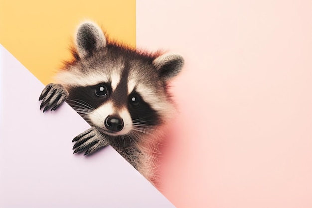 Cute portrait of a raccoon peeking out on a colored background mockup