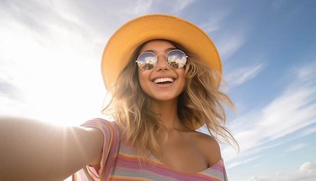 Cute positive teenager holding a cameraher mobile phone looking straight taking a selfie Beautiful