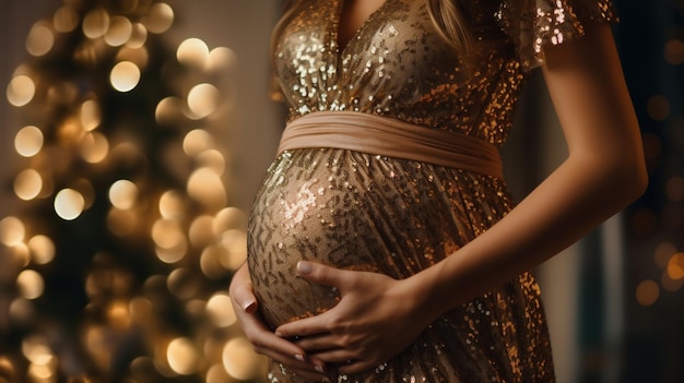 Cute pregnant mom stands near beautiful decorated Christmas tree at home happy pregn Generative AI