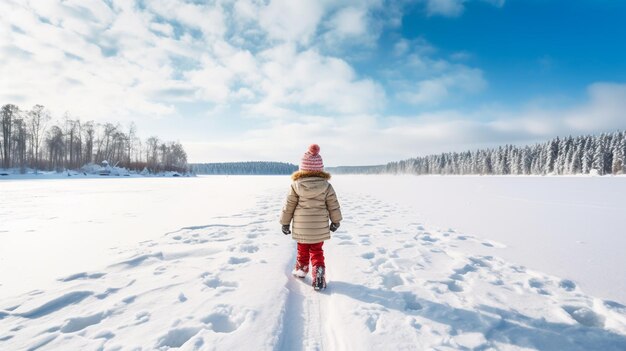 Cute preschool kid is playing on the ice of a frozen lake or river on a cold sunny winter