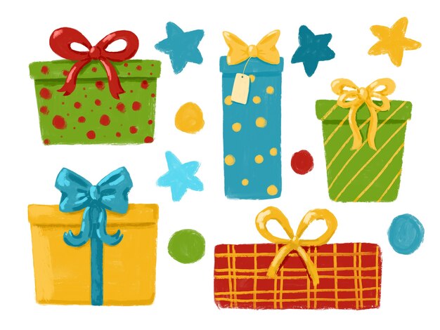 Photo cute present boxes isolated on white background set hand drawn gift clip arts collection
