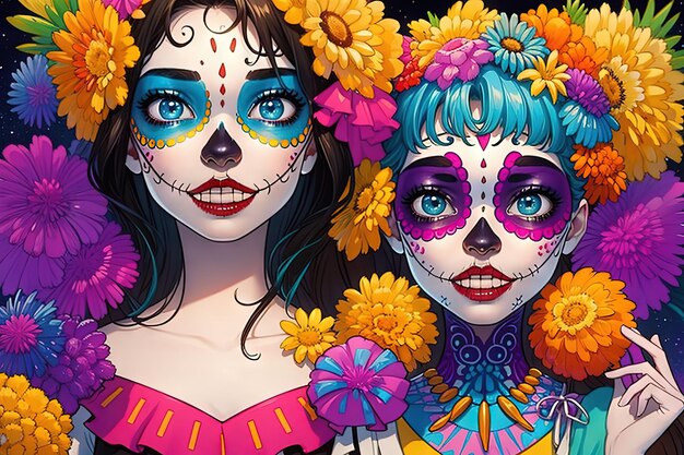 写真 ディア・デ・ロス・ムエルトス死者の日にキャンドルと花のお祝いで顔を描いたかわいいかわいい女の子たちメキシコフィエスタイラスト生成ai