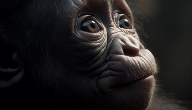 Photo cute primate staring with sad eyes in tropical rainforest generated by artificial intelligence