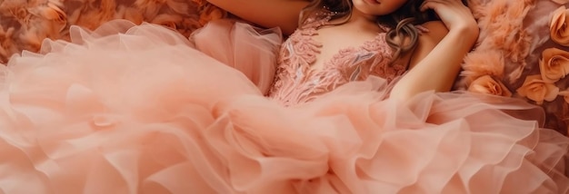 A cute princess girl model in a luxurious pink fluffy dress lies down on it