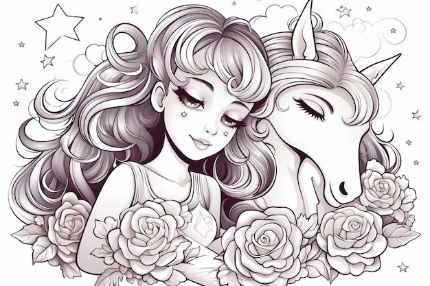 Cute princess hugs with a unicorn Vector cartoon isolated illustration Coloring book page for chil